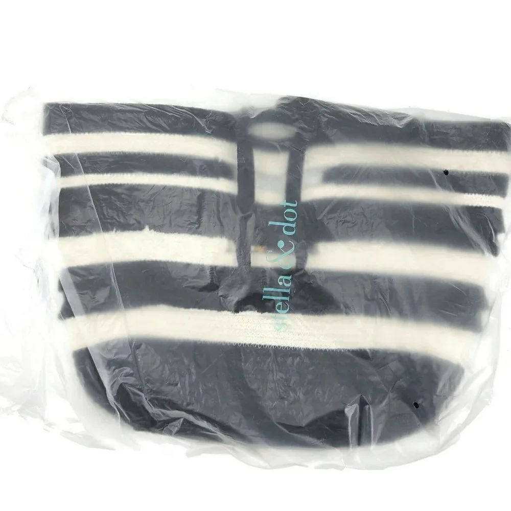 New Stella & Dot Taj Large Tote Bag Black Cream White Stripe Tassel Purse
